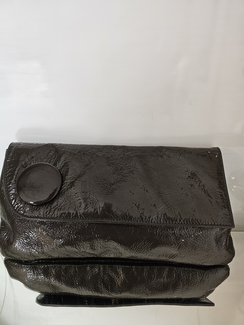 Goldenbleu Patent Black Fold-Over Clutch with Circular Accent - Unbranded